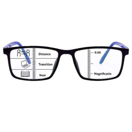 "Stylish +1.00 reading glasses with blue cut anti-glare lenses in black & blue."