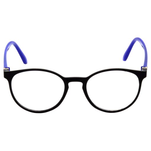 A lens of computer glasses with a "Anti-Glare Coating" label pointing to it.