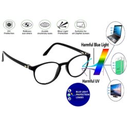 Close-up on the hinge and lens of a pair of anti-glare computer glasses.