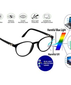 Close-up on the hinge and lens of a pair of anti-glare computer glasses.