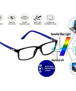 Computer glasses reflecting the blue light from a monitor to show they work.
