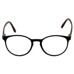 red-framed computer glasses.