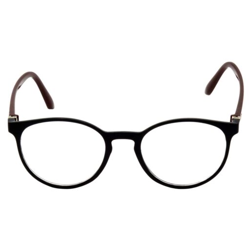 red-framed computer glasses.