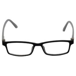 wearing cool blue-framed computer glasses.