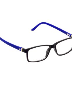 wearing fashionable clear-frame computer glasses.