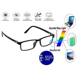 A pair of computer glasses resting on an open book next to a smartphone.