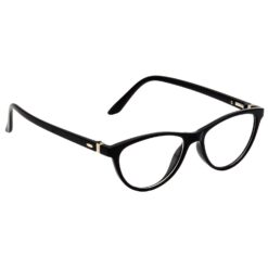 clear-framed computer glasses while working on a desktop computer.