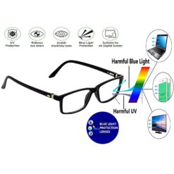 A pair of classic black rectangular computer glasses on an open laptop.