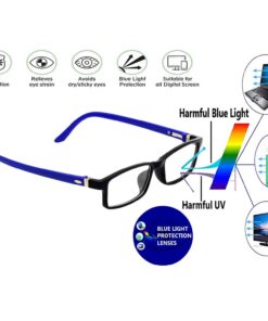 A woman choosing between two different styles of computer glasses for women.