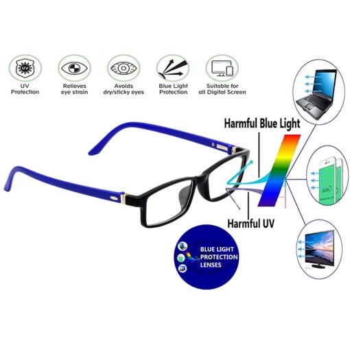 A woman choosing between two different styles of computer glasses for women.