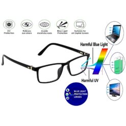 Lifestyle shot of someone smiling while wearing computer glasses in a bright office.