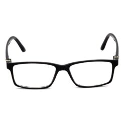 wearing wide-frame computer glasses.
