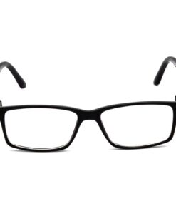 wearing wide-frame computer glasses.