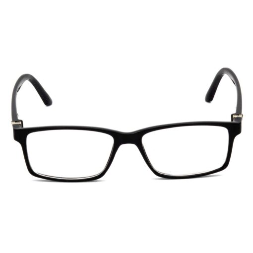 wearing wide-frame computer glasses.