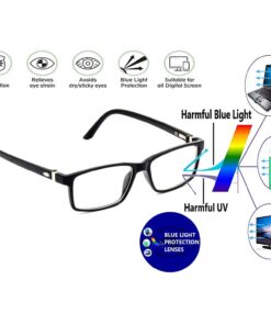 Tortoiseshell pattern computer glasses displayed on a wooden desk.