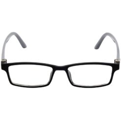 wearing half-frame glasses.