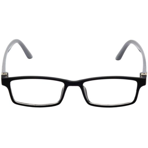 wearing half-frame glasses.