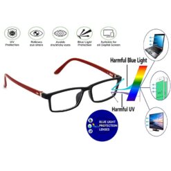 A pair of computer gaming glasses with blue reflective lenses against an RGB background.