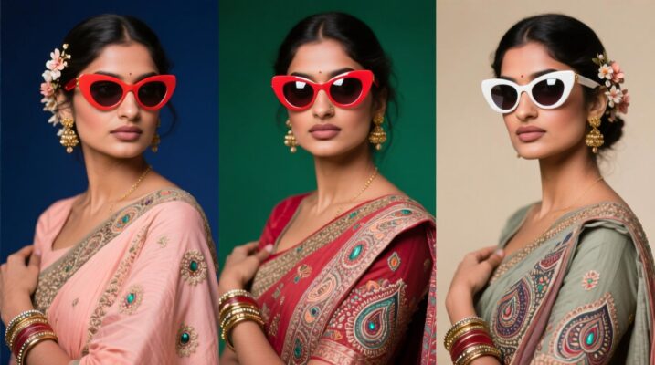 Three women wearing different colored cat-eye sunglasses with matching sarees and floral accessories.
