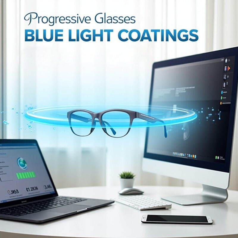 Progressive glasses with blue light protection in modern digital workspace showing light filtering effect