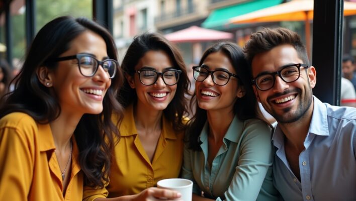 How to Choose the Right Frame for Your Face: Your Personal Guide to Perfect Glasses 11 Indian friends smiling with perfectly fitted glasses matching their face shapes in Mumbai cafe setting
