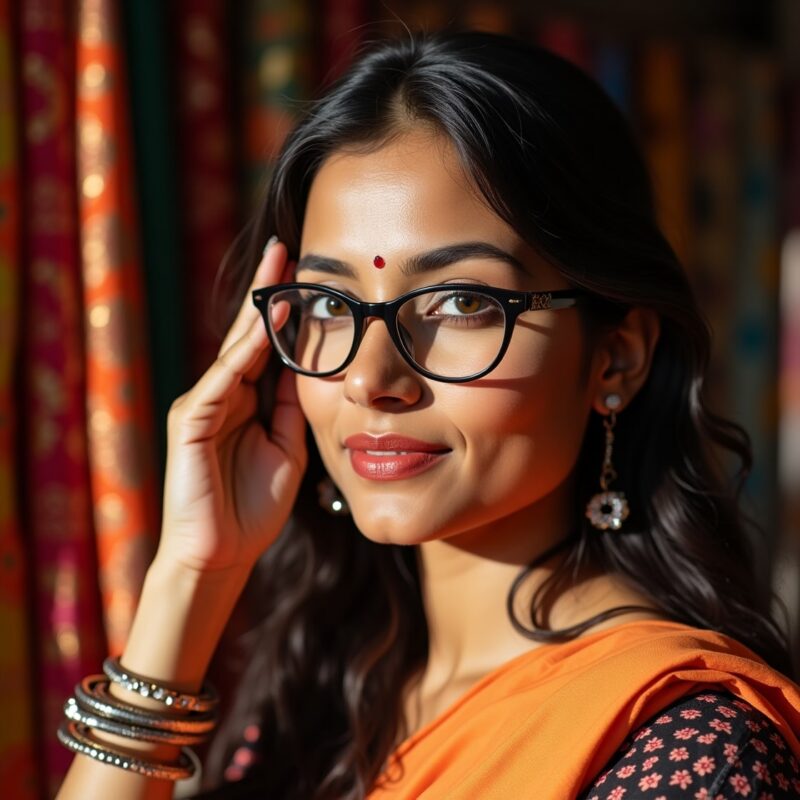 Round face Indian model wearing angular frames to add definition avoiding round face shape issues