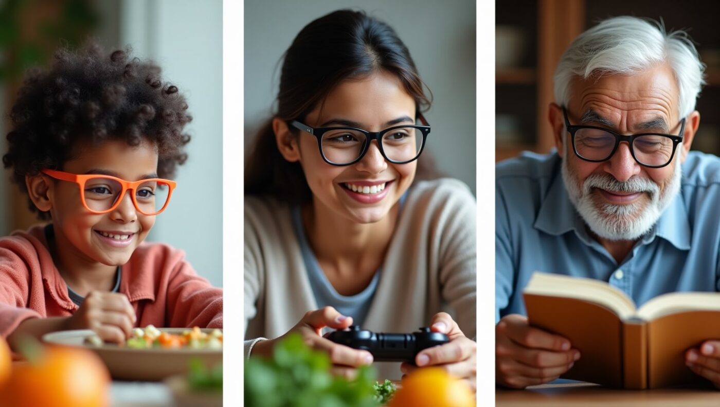 Indian family across generations wearing age-appropriate eyewear for their specific needs