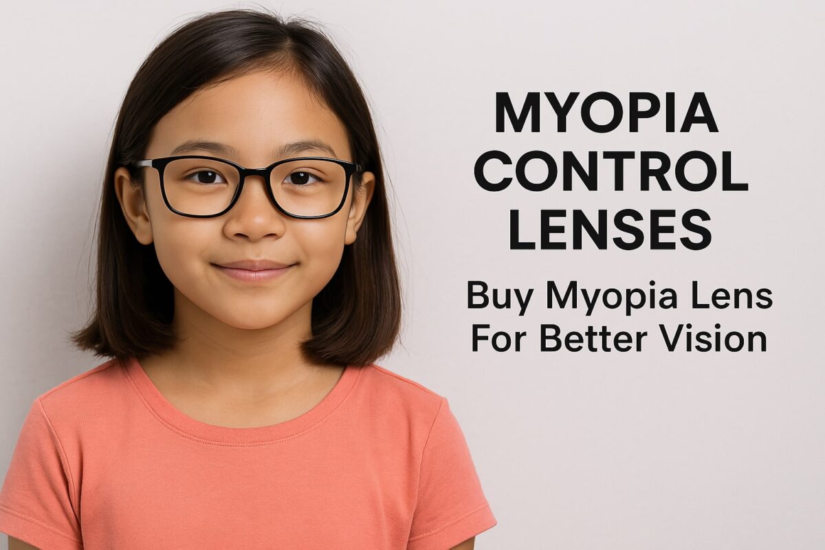 Young child wearing myopia control spectacle lenses to slow nearsightedness and keep vision clear during school and play.