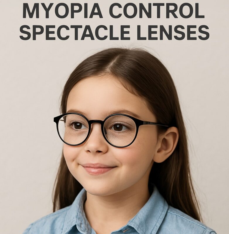 Child wearing stylish black-frame glasses designed as myopia control lenses for slowing nearsightedness progression