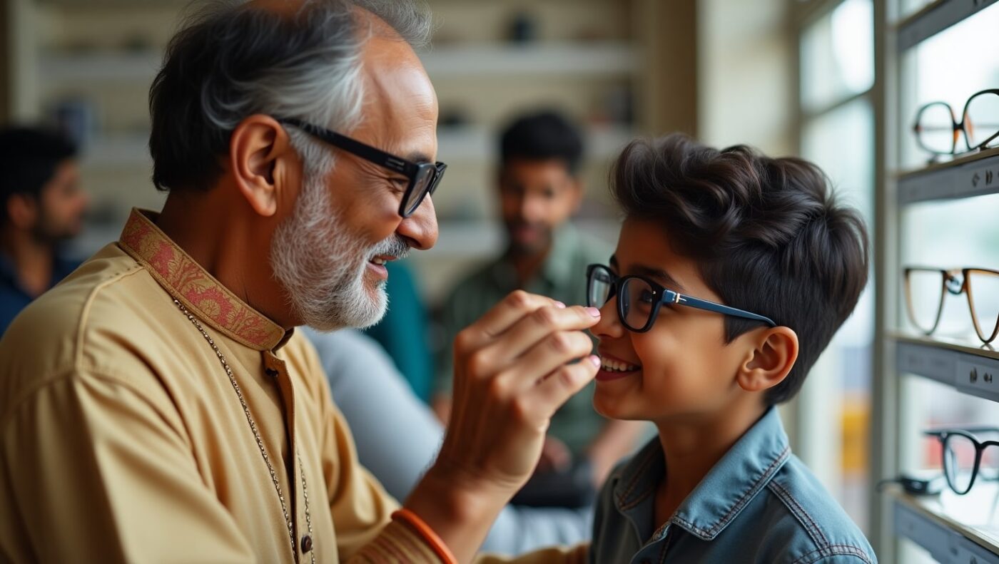Experienced Indian optician demonstrating brow bone rule for proper frame positioning on customer