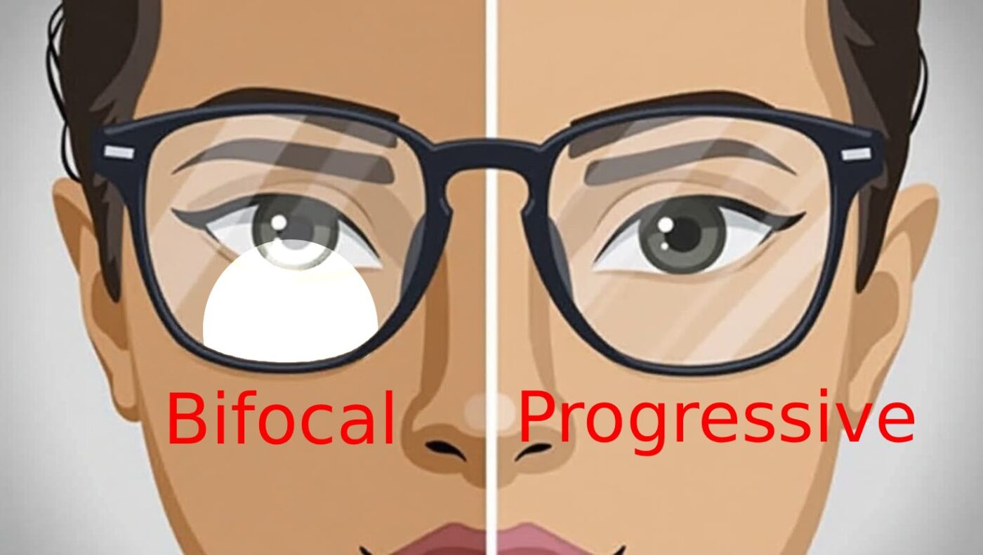 Comparison showing progressive glasses versus multiple pairs of traditional glasses with benefit checkmarks