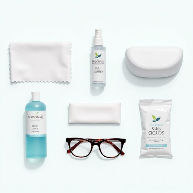 Progressive glasses care kit with cleaning supplies and proper maintenance demonstration