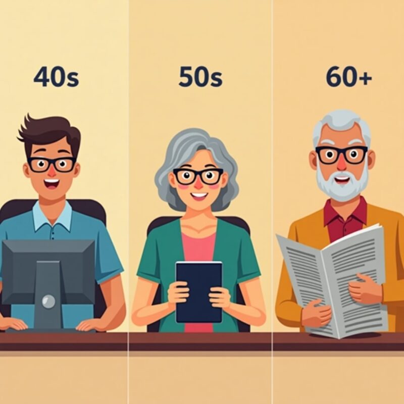 Three age groups wearing progressive glasses showing different presbyopia stages and lens requirements