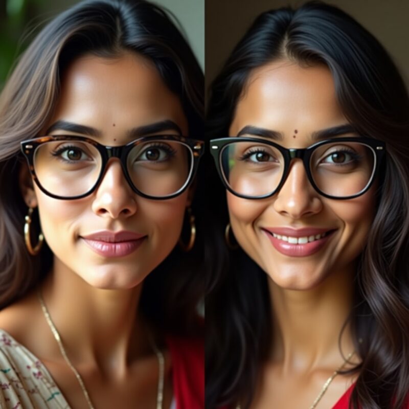 Indian woman showing how right frame for your face creates facial harmony versus mismatched frames