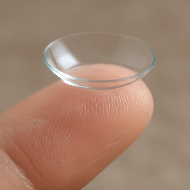 An assortment of contact lenses, including daily disposables and toric lenses, next to lens solution and cases.