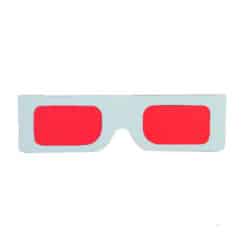 Red secret decoder glasses with paper frame revealing hidden message on colorful pattern card