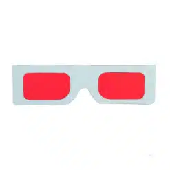 Red secret decoder glasses with paper frame revealing hidden message on colorful pattern card