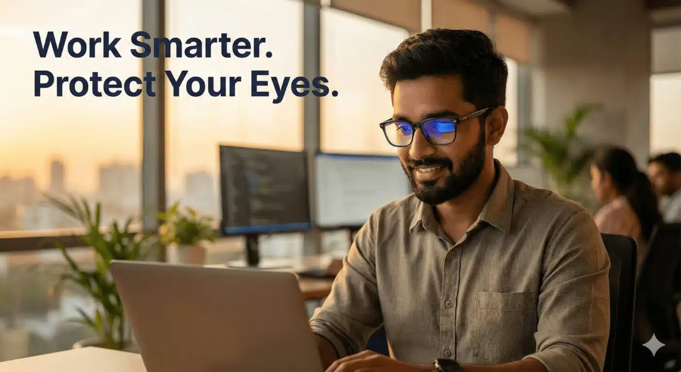 Best Optical Shop in Bangalore: Your Complete Guide to Progressive Lenses & Blue Cut Glasses 5 Software professional wearing blue cut glasses for computer work digital eye strain protection Bangalore