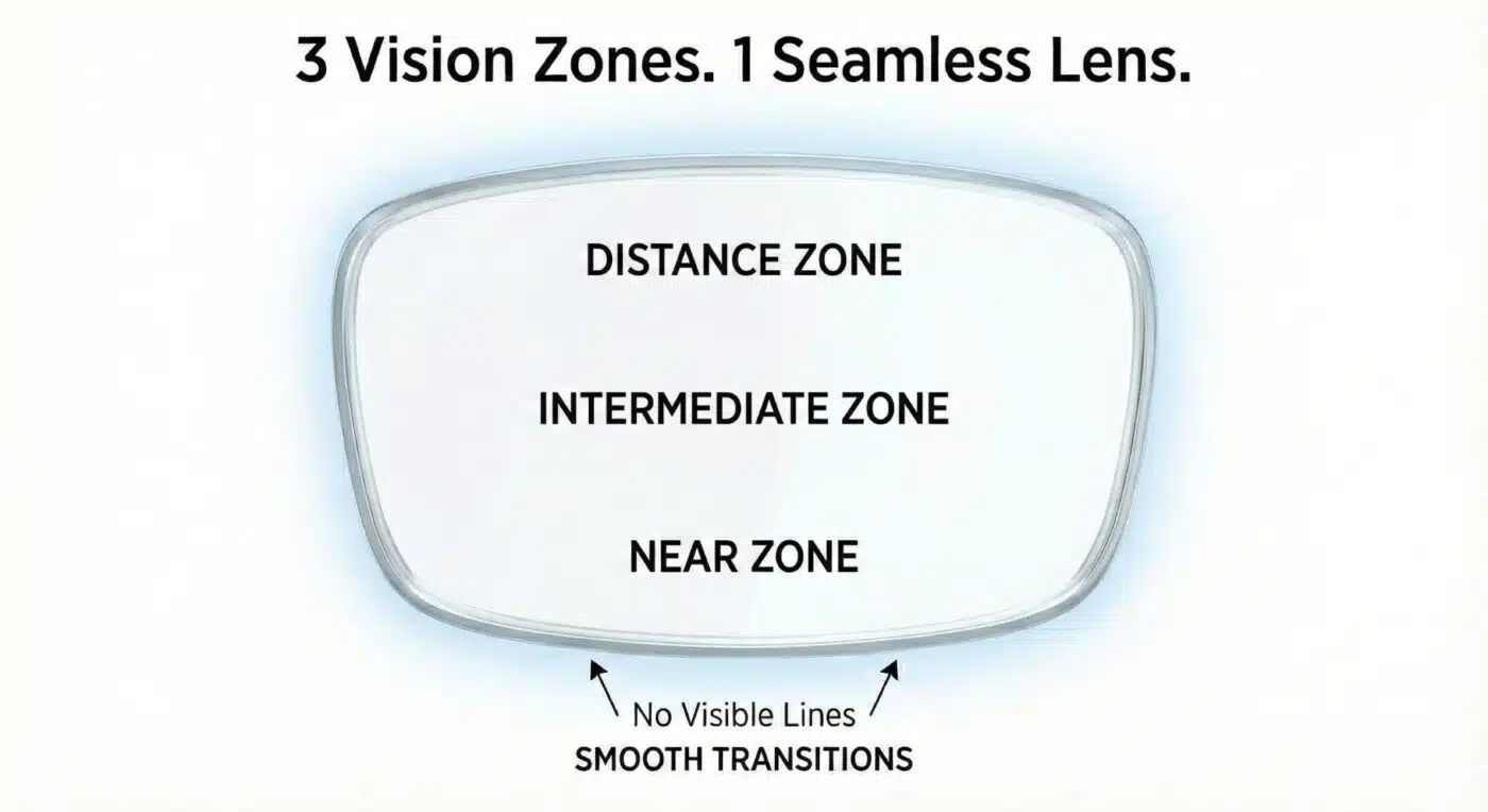Best Optical Shop in Bangalore: Your Complete Guide to Progressive Lenses & Blue Cut Glasses 3 Progressive lens diagram showing three vision zones distance intermediate near vision Hrinkar Opticals Bangalore