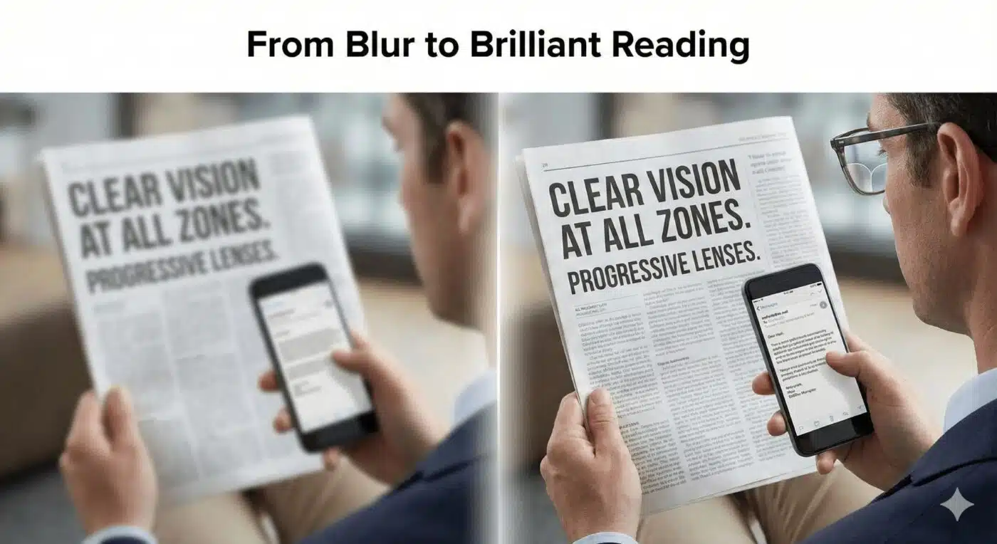 Best Optical Shop in Bangalore: Your Complete Guide to Progressive Lenses & Blue Cut Glasses 2 Before after vision comparison blurry to clear with progressive lenses optical shop Bangalore