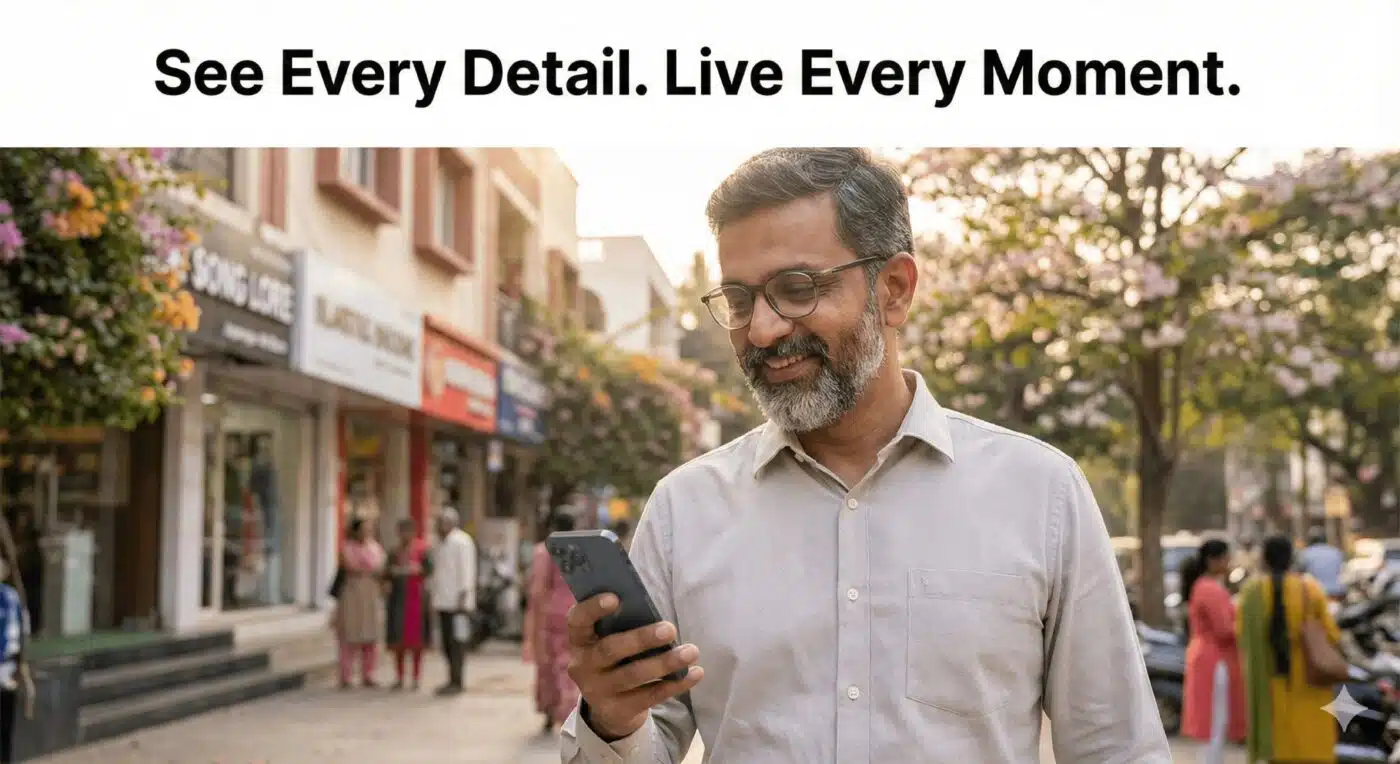 Best Optical Shop in Bangalore: Your Complete Guide to Progressive Lenses & Blue Cut Glasses 7 Person wearing progressive spectacles walking Jayanagar Bangalore checking smartphone intermediate vision