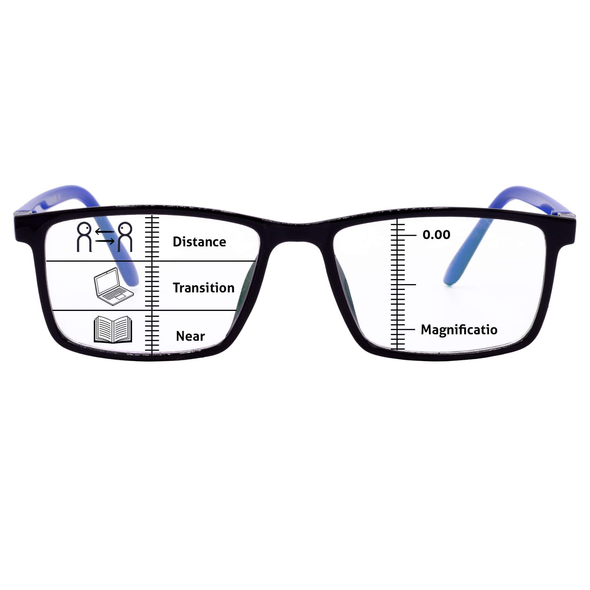 "Stylish +1.00 to +3.00 reading glasses with blue cut anti-glare lenses in black & blue."