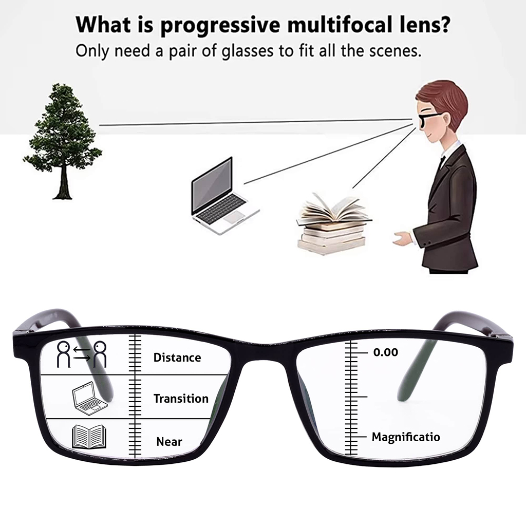 Hrinkar Progressive Glasses with UV Protection Black Brown TR90 Frame