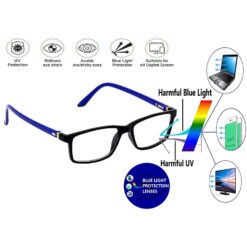 Hrinkar Zero Power Anti-Glare and Blue Ray Cut Computer Glasses for Eye Protection from Laptop and Mobile Screen | Blue and Black | HBCT-FRM-BK-BU-11