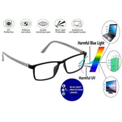 Hrinkar Zero Power Anti-Glare and Blue Ray Cut Computer Glasses for Eye Protection from Laptop and Mobile Screen | Black and Grey | HBCT-FRM-BK-GRY-16