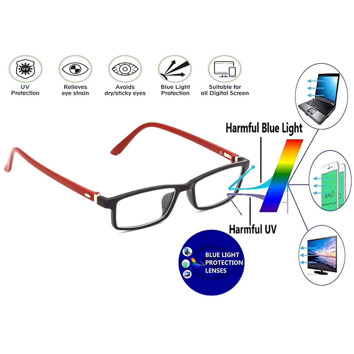 Hrinkar Zero Power Anti-Glare and Blue Ray Cut Computer Glasses for Eye Protection from Laptop and Mobile Screen | Red and Black | HBCT-FRM-BK-RD-12