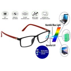Hrinkar Zero Power Anti-Glare and Blue Ray Cut Computer Glasses for Eye Protection from Laptop and Mobile Screen | Red and Black | HBCT-FRM-BK-RD-16