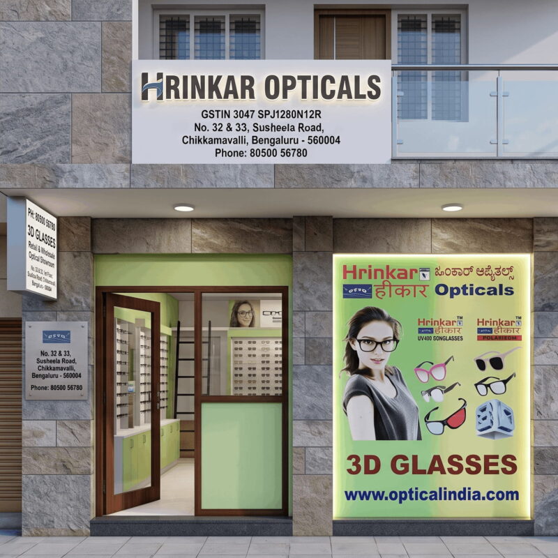 Satisfied customer leaving an optical store with new eyeglasses