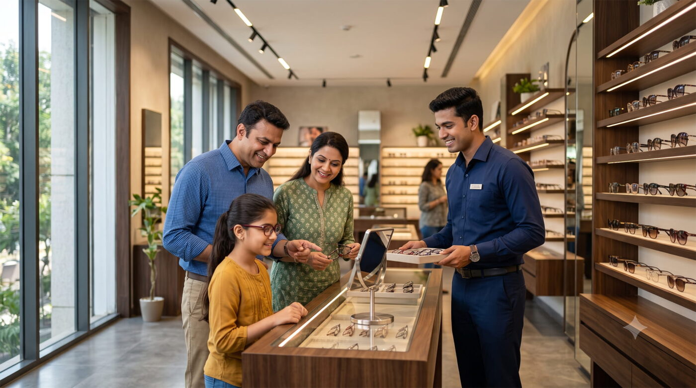 Front view of Hrinkar Opticals optical store in Bengaluru with premium eyewear display