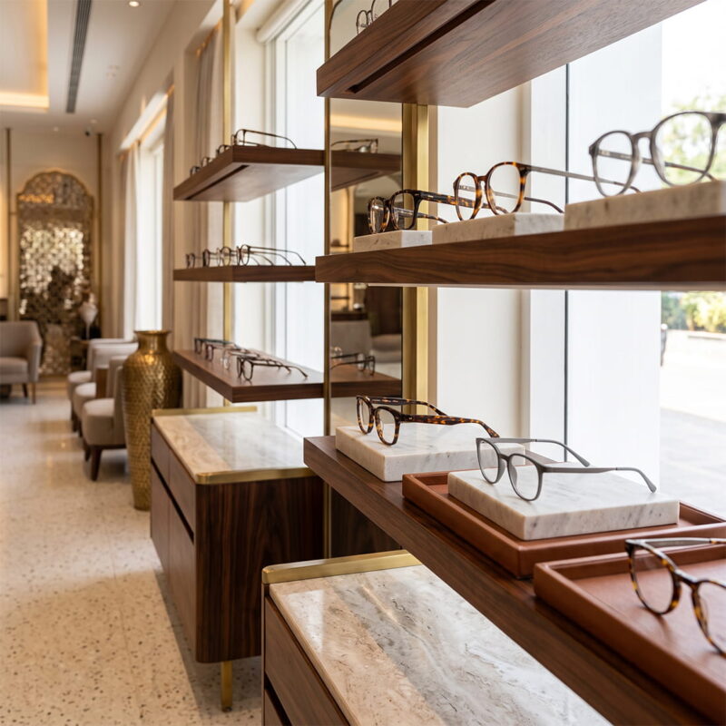 Luxury eyeglasses displayed inside a premium optical showroom